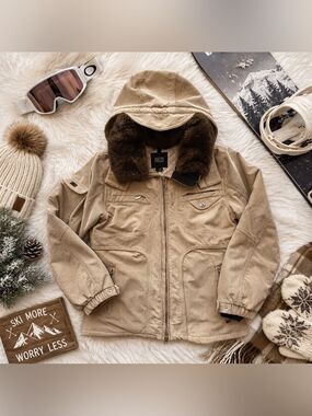 NILS Women’s Tan Corduroy Ski Snowboard Jacket Faux Fur Hood Size 10